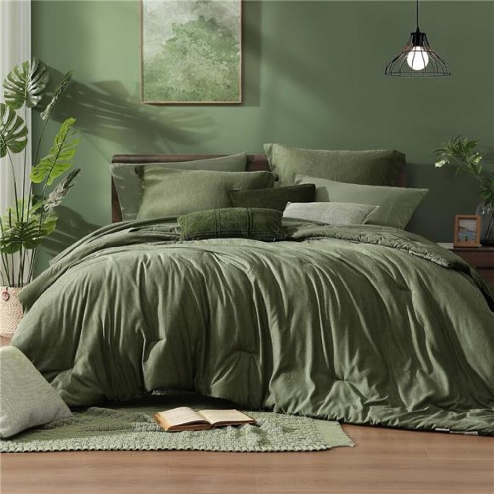 Queen Comforter Set - 7 Pieces Cationic Dyeing Olive Green Bed in a Bag Bedding
